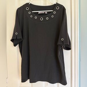 Quacker Factory Black 3/4 Sleeve & Embellished Rhinestone Gromet Neckline SZ XL